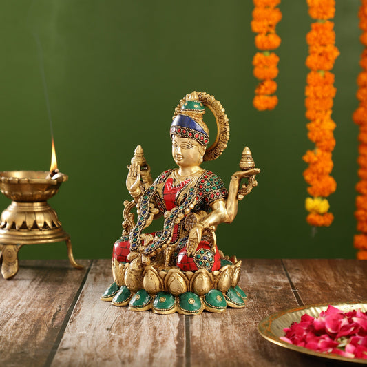 Brass Lakshmi Idol Seated on Lotus Base | 10.5" Height