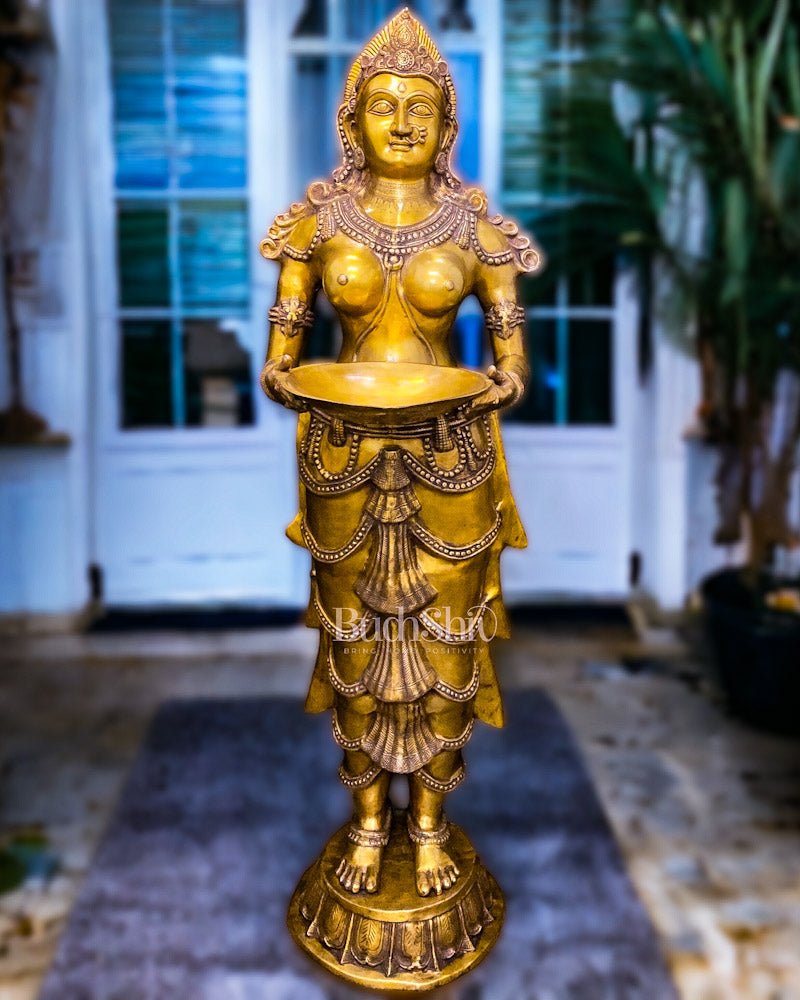 Brass Large Deep Lakshmi Pavaai Vilakku Statue - Exquisite 6.1 FT Sculpture
