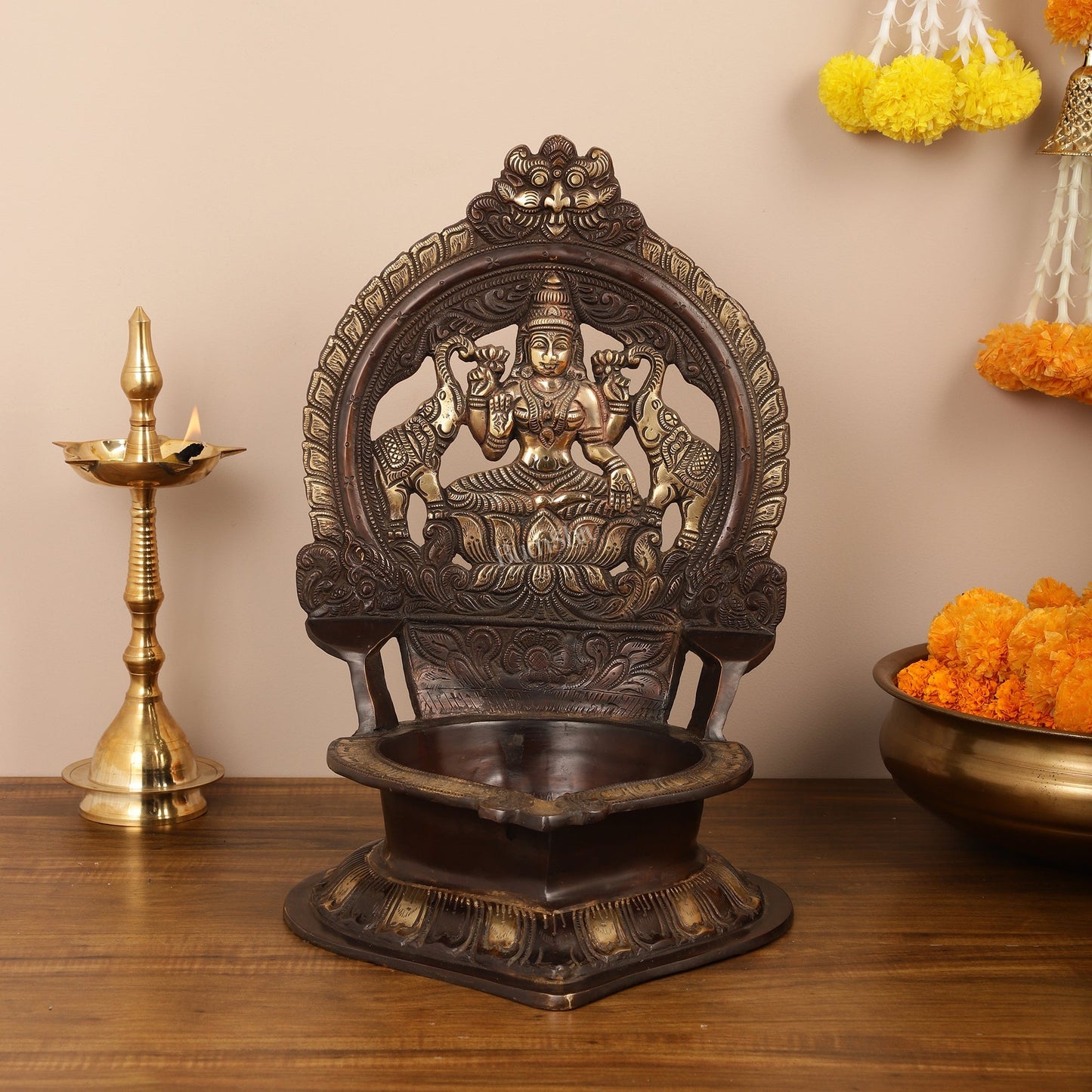 Brass Large-Sized Ganesha and Lakshmi Lamps - 17 Inch