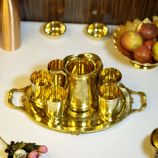 Brass Lemonade / Juice Jug with 6 Glasses and Tray