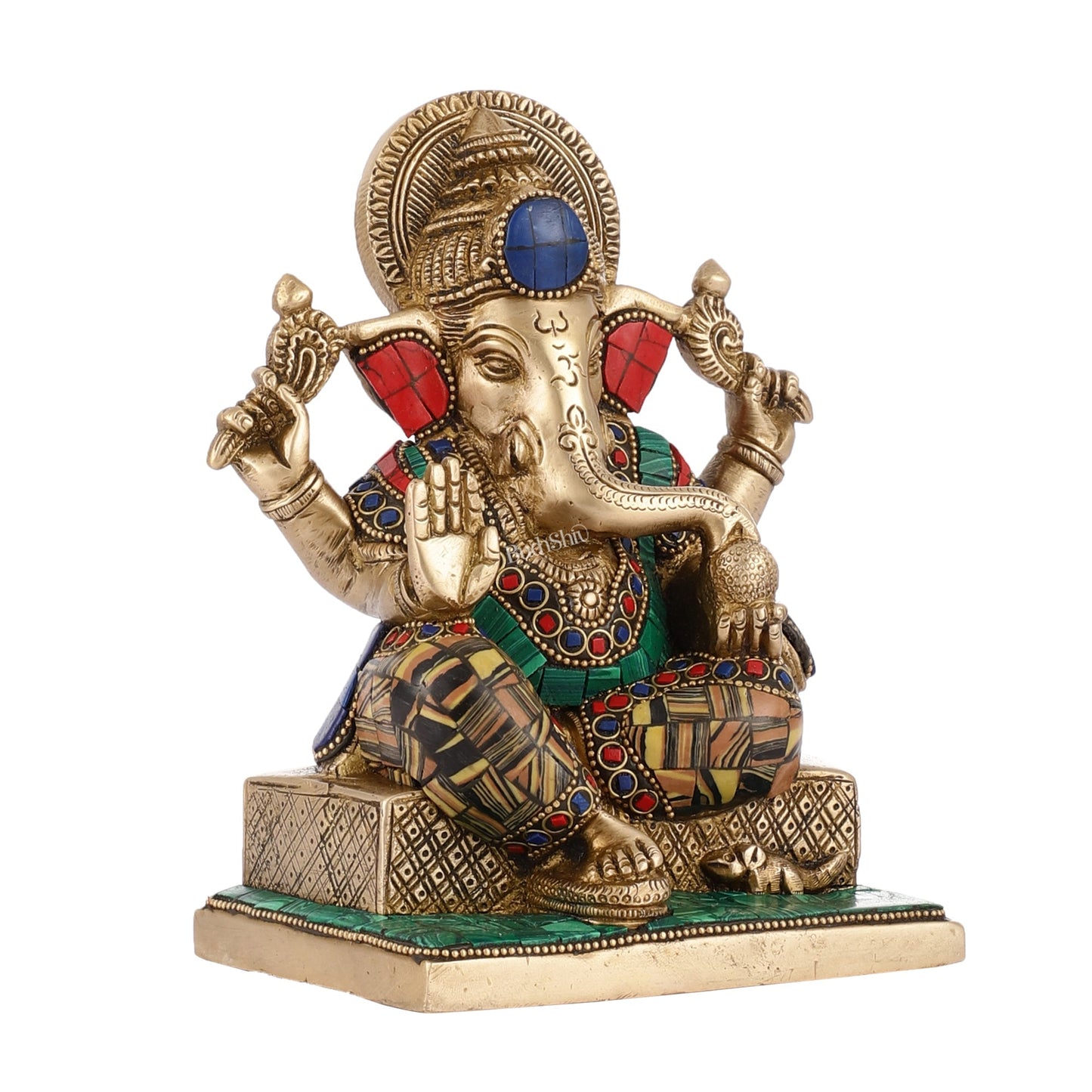 Brass Lord Ganesha Idol with Stonework | Height 7.5 inch