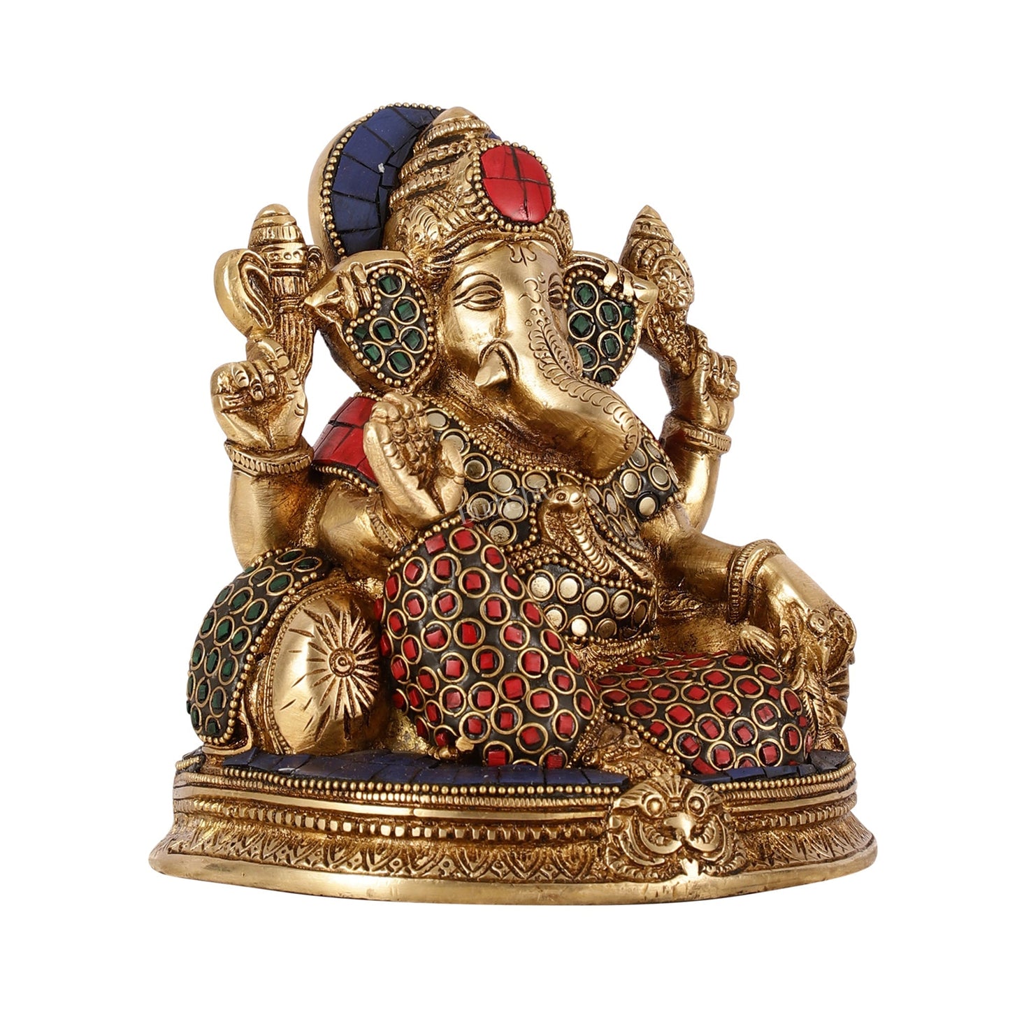 Brass Lord Ganesha Statue with Stonework - 6.5 Inch