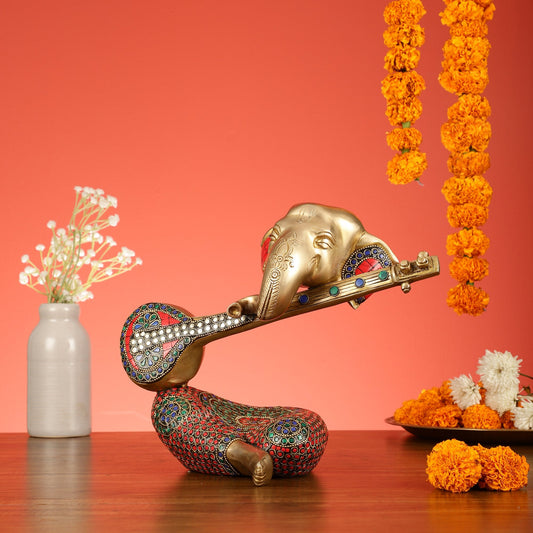 Brass Lord Ganesha with Veena Table Accent Showpiece - 9.5 Inch