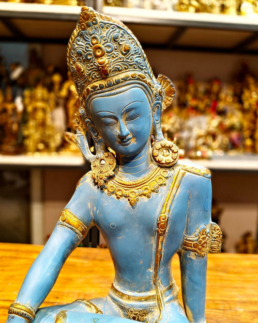 Brass Lord Indra Dev Idol with Blue Patina - 14 inch
