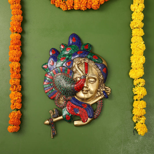Brass Lord Krishna Face Wall Hanging with Peacock Design - 12.5 x 9 inch