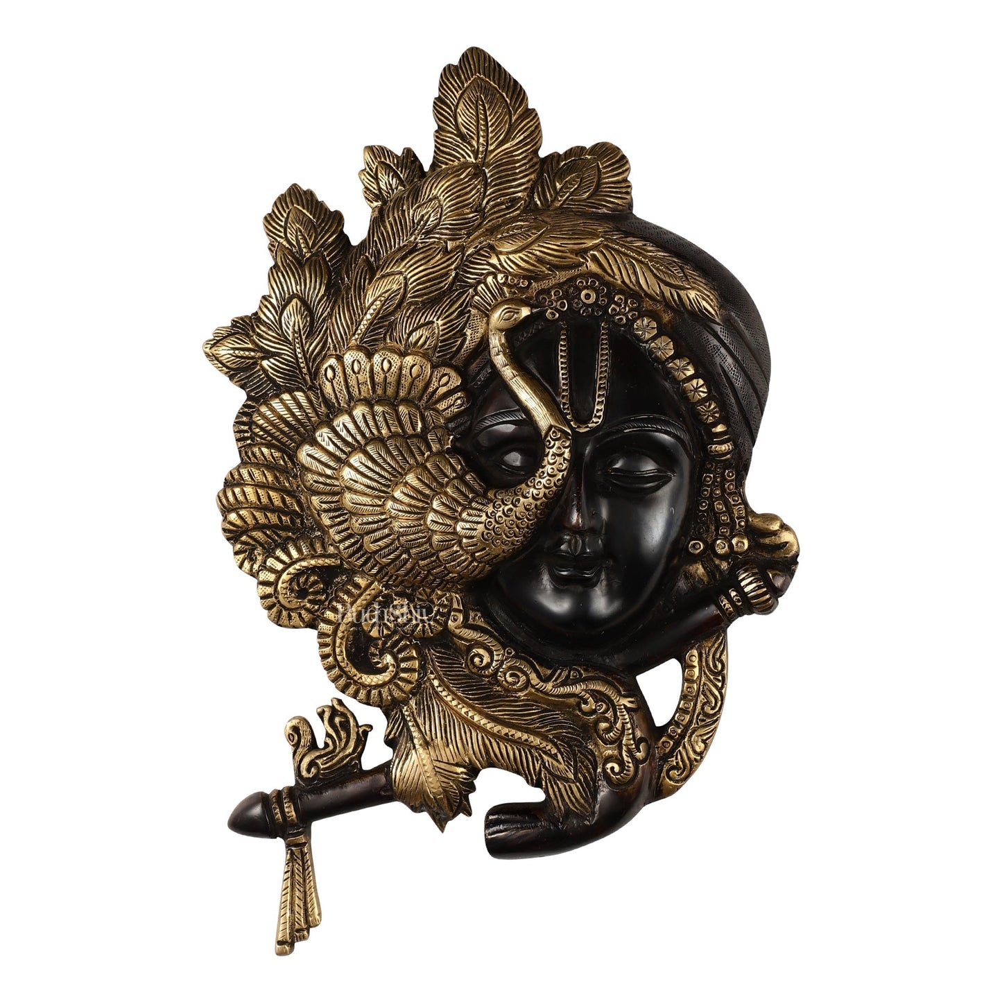 Brass Lord Krishna Face Wall Hanging with Peacock Design - 12.5 x 9 inch