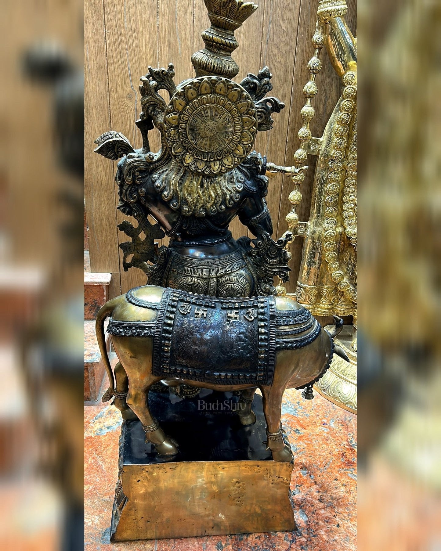 Brass Lord Krishna with Cow Statue | Large Size | 46"/ 4 feet