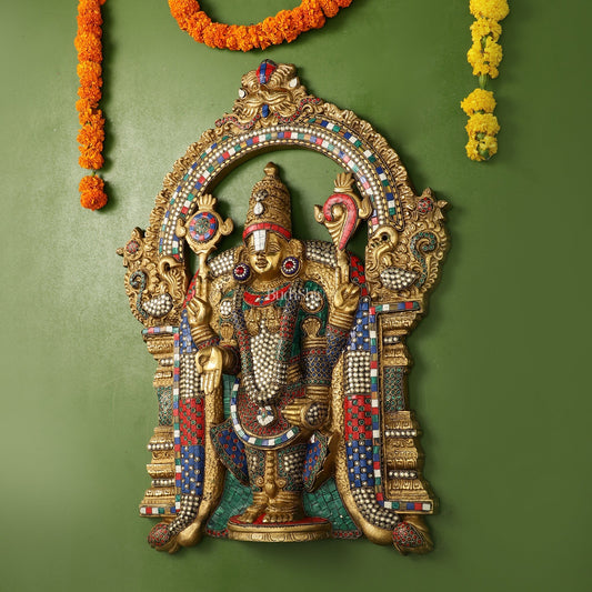 Brass Lord Venkateshwara Tirupati Balaji Wall Hanging - 26 Inch with stonework