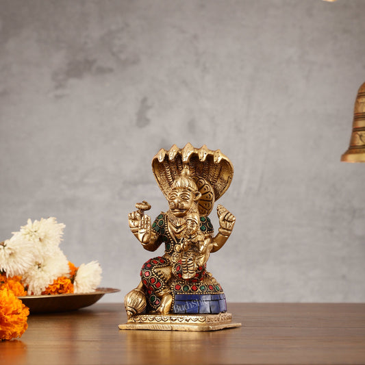Brass Narsimha Lakshmi Idol with Stonework - 5.5 Inch