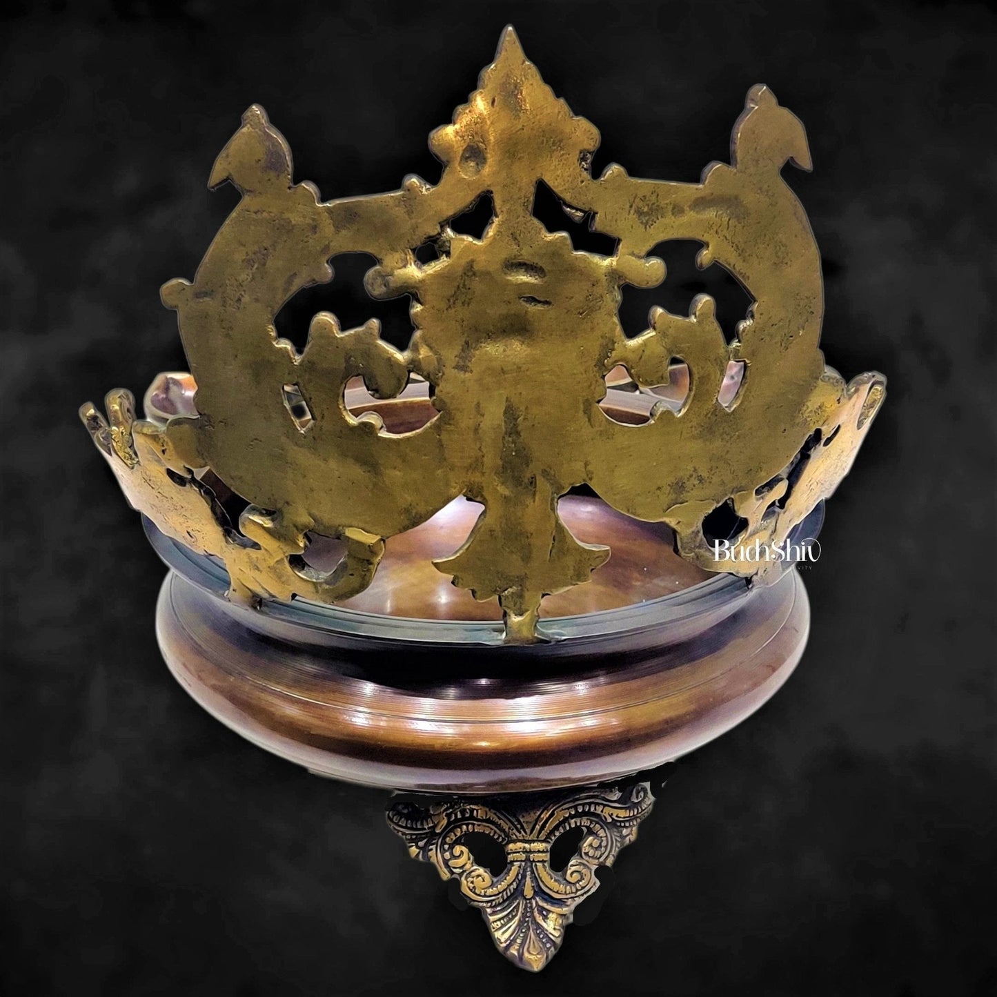 Brass Panchdeep large urli with bells with Spiral engraved back panel