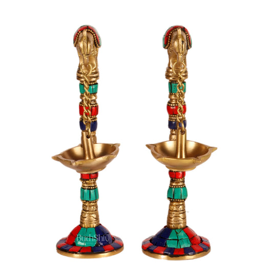 Brass Parrot lamps with stonework 7"