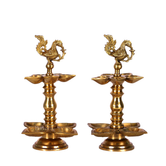 Brass Peacock lamps with multiple diyas 11"