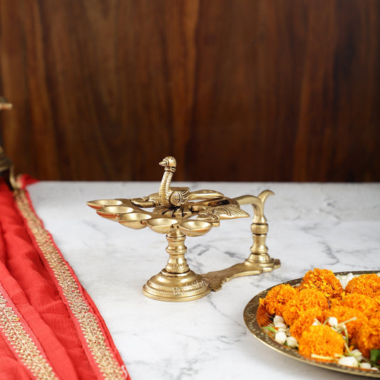 Brass Peacock Panchdeep Aarti Diya with Handle for Pooja | 5.5" Height | Divine Illumination