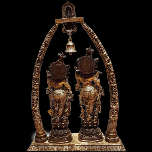 Brass Radha Krishna Idols with Engraved Krishna Leela Pillars 45"