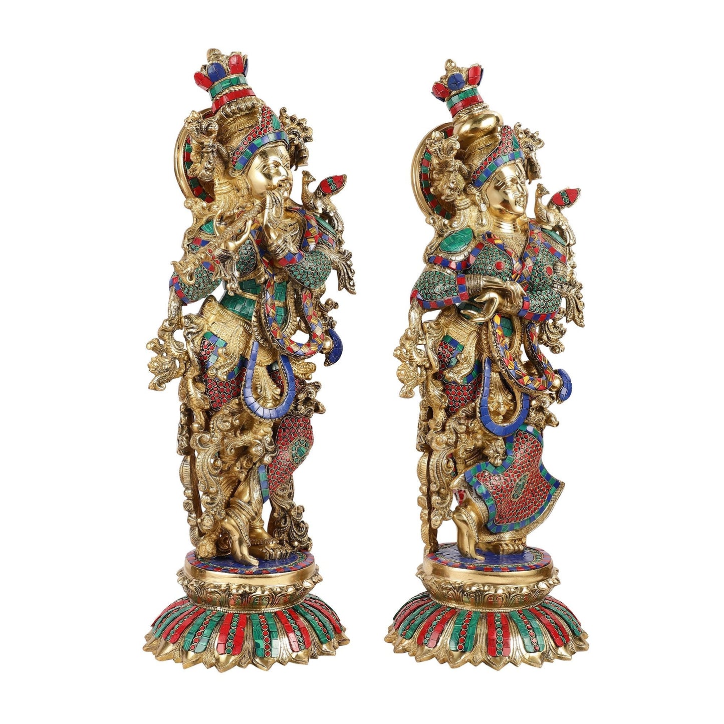 Brass Radha Krishna Idols with Lotus Base 26 "