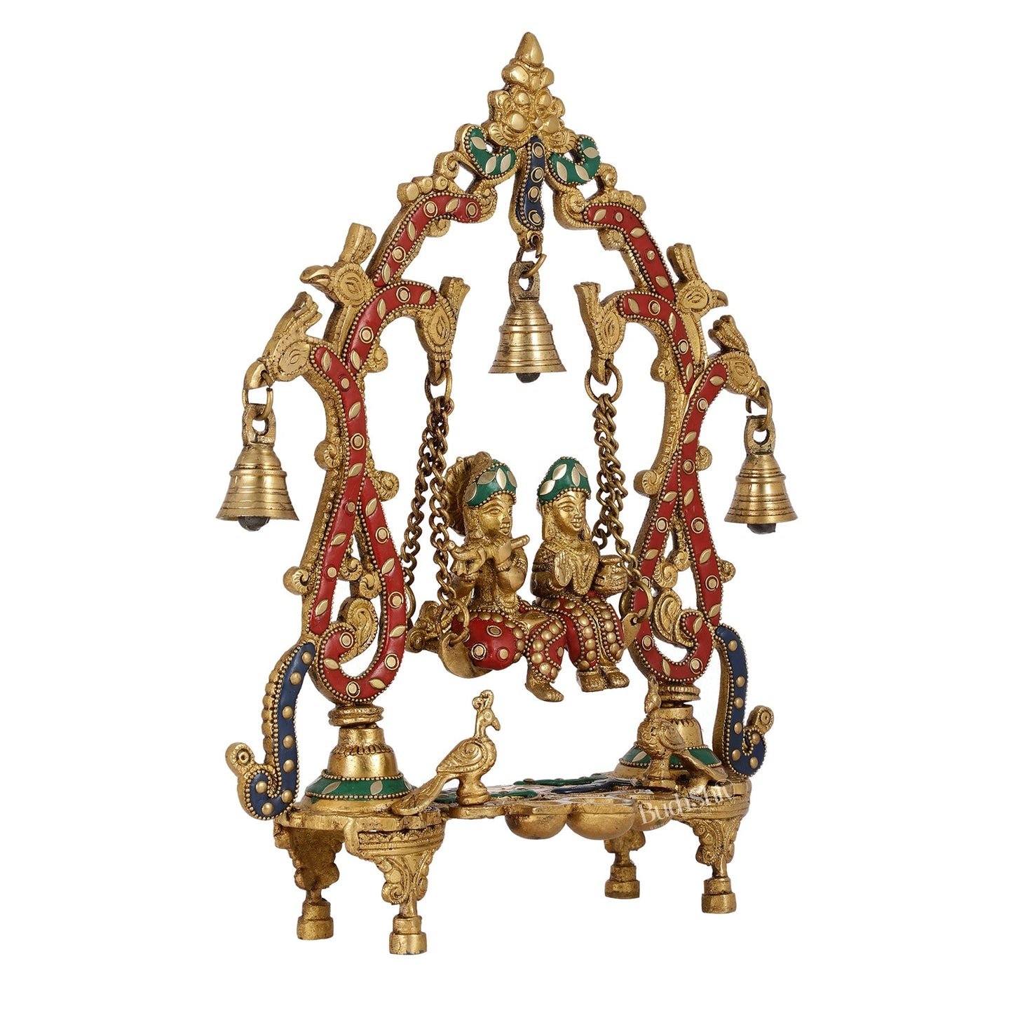 Brass Radha Krishna Swing with Three Diyas 13.5 inch with stonework