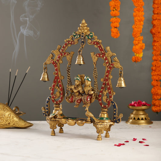 Brass Radha Krishna Swing with Three Diyas 13.5 inch with stonework
