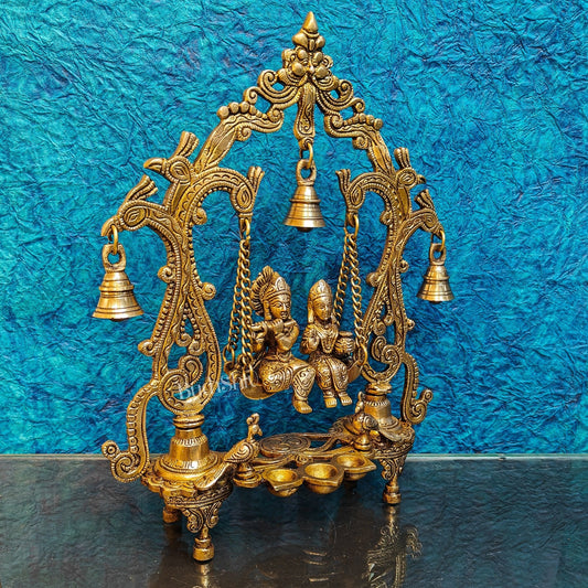 Brass Radha Krishna Swing with Three Diyas 13.5 inch