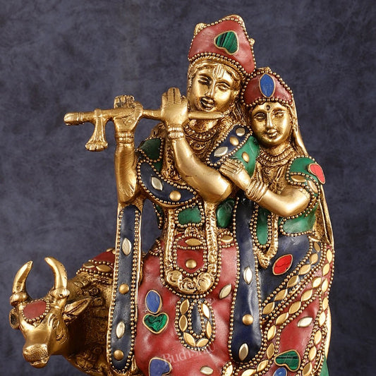 Brass Radha krishna with cow idol with meenakari 10.5"