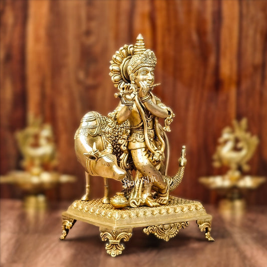 Brass Sculpture of Krishna with Cow and Peacock | Height 16 Inch