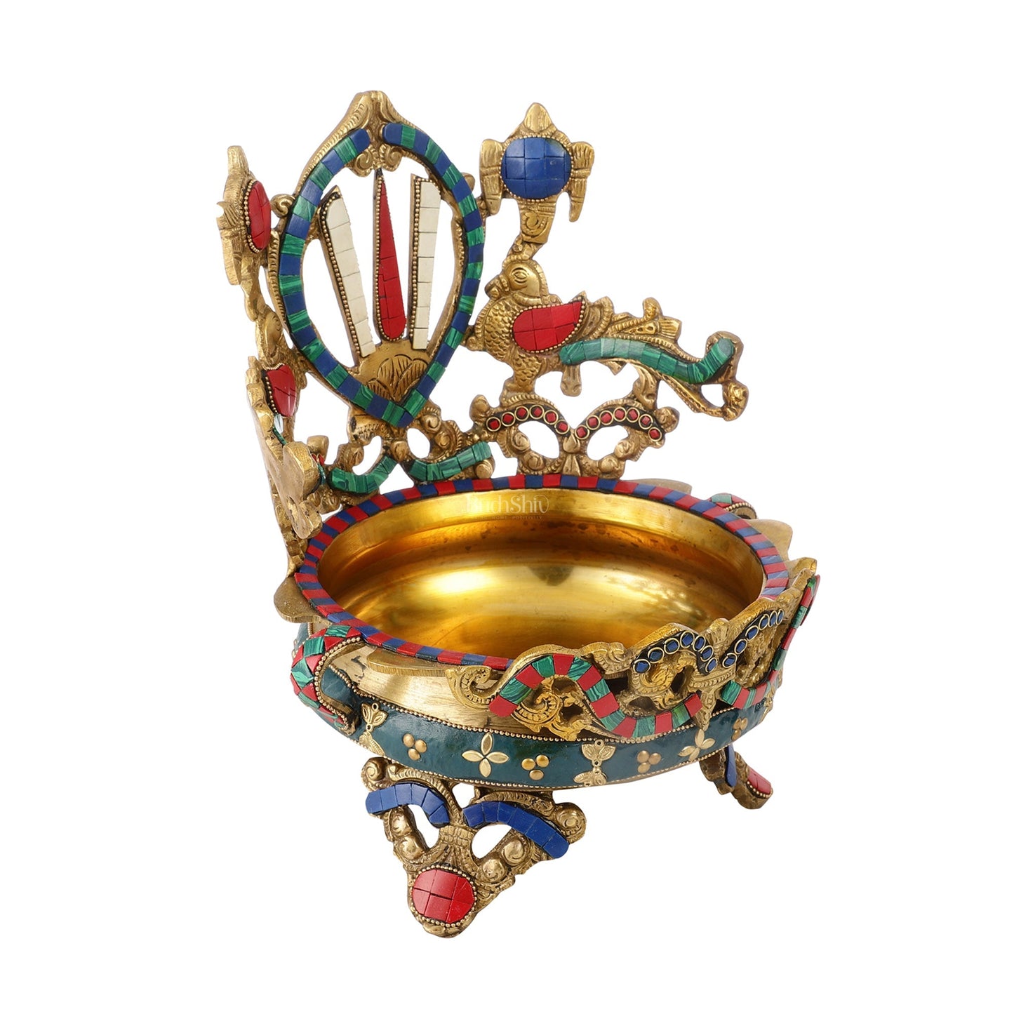 Brass Shankh Chakra Namah Urli Bowl with Stonework - 11x9.5x8.5 Inch