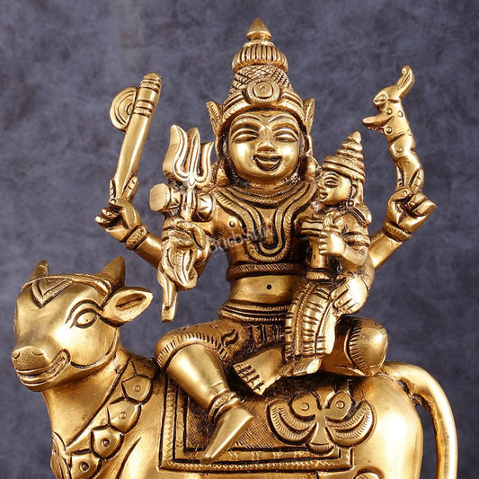 Brass Shiv Parvati Seated on Nandi | Pradosh - 8.5 Inch