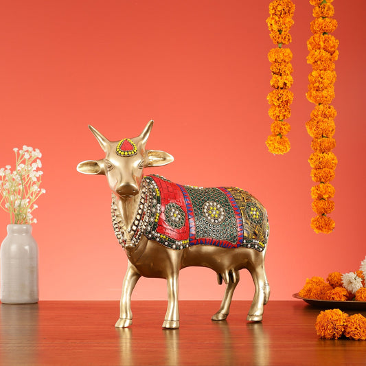 Brass Standing Cow Idol - Gomatha Statue with stonework | 13 inch