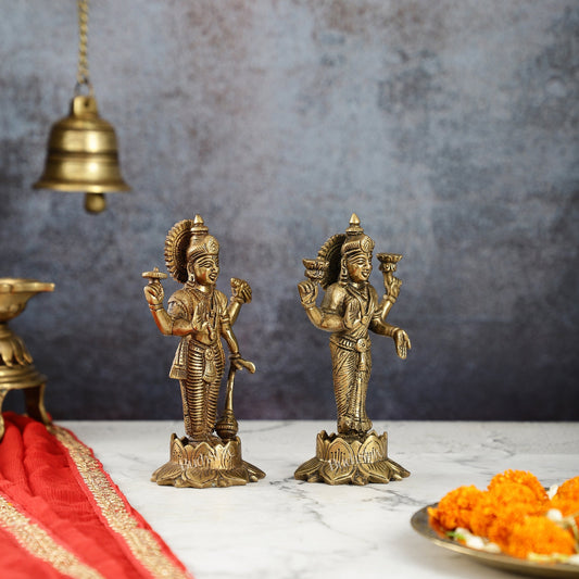 Brass Standing Vishnu Lakshmi 7" antique finish