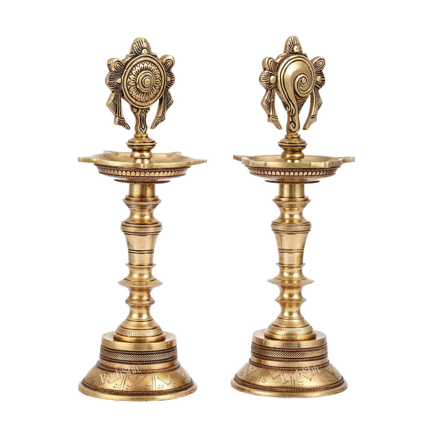 Brass Superfine 12-Inch Shankh and Chakra Oil Lamp Vilakku