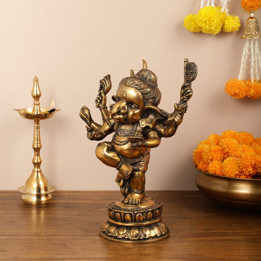 Brass Superfine Dancing Ganesha with 6 arms Idol - 15.5 Inch