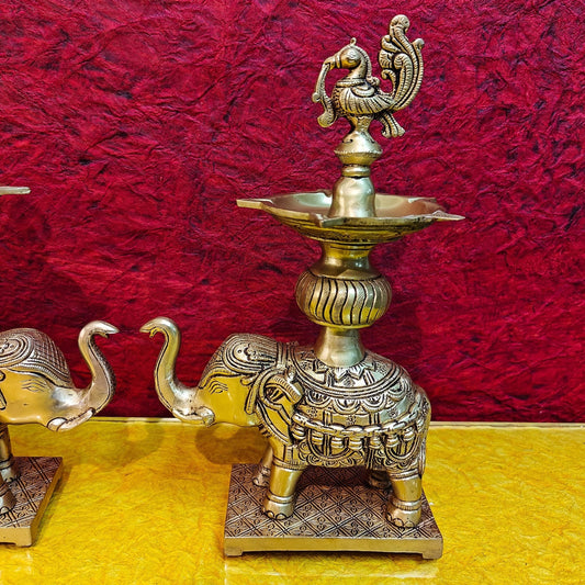 Brass Superfine Elephant with peacock lamp 11"