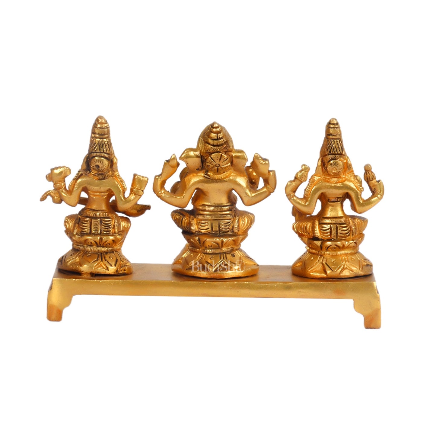 Brass Superfine Ganesha, Lakshmi, Saraswati Idols - Hand Carved, 3 inch