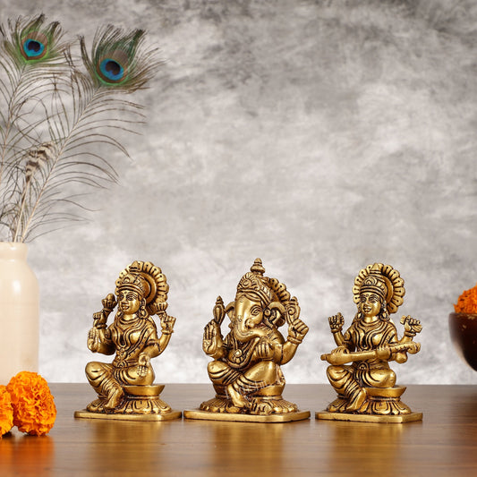 Brass Superfine Ganesha Lakshmi Saraswati Idols Set - 5 Inch