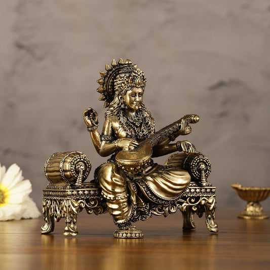 Brass Superfine Intricate Lightweight Goddess Saraswati Idol - 5.5"