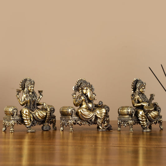Brass Superfine Intricate Lightweight Idols - Ganesha, Saraswati, Lakshmi | 5.5"