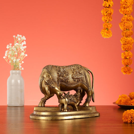 Brass Superfine Kamdhenu Cow with Calf Idol 8.5 inch