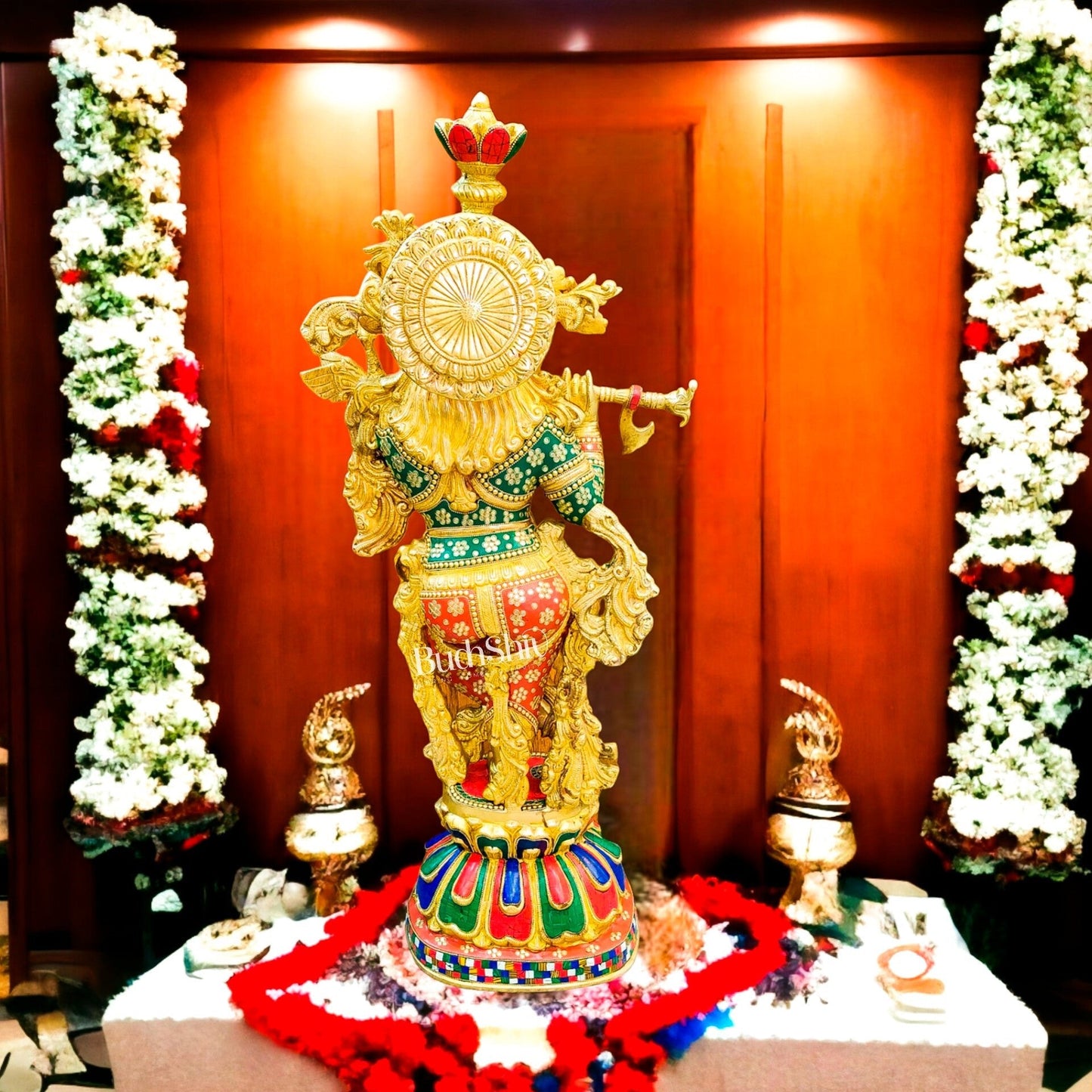 Brass Superfine Krishna Statue | 36 Inch | Inlay Stonework