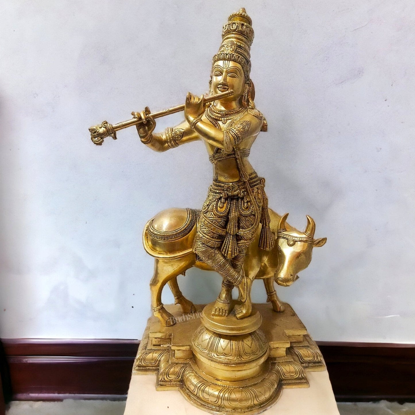 Brass Superfine Krishna With Cow idol 26 inch