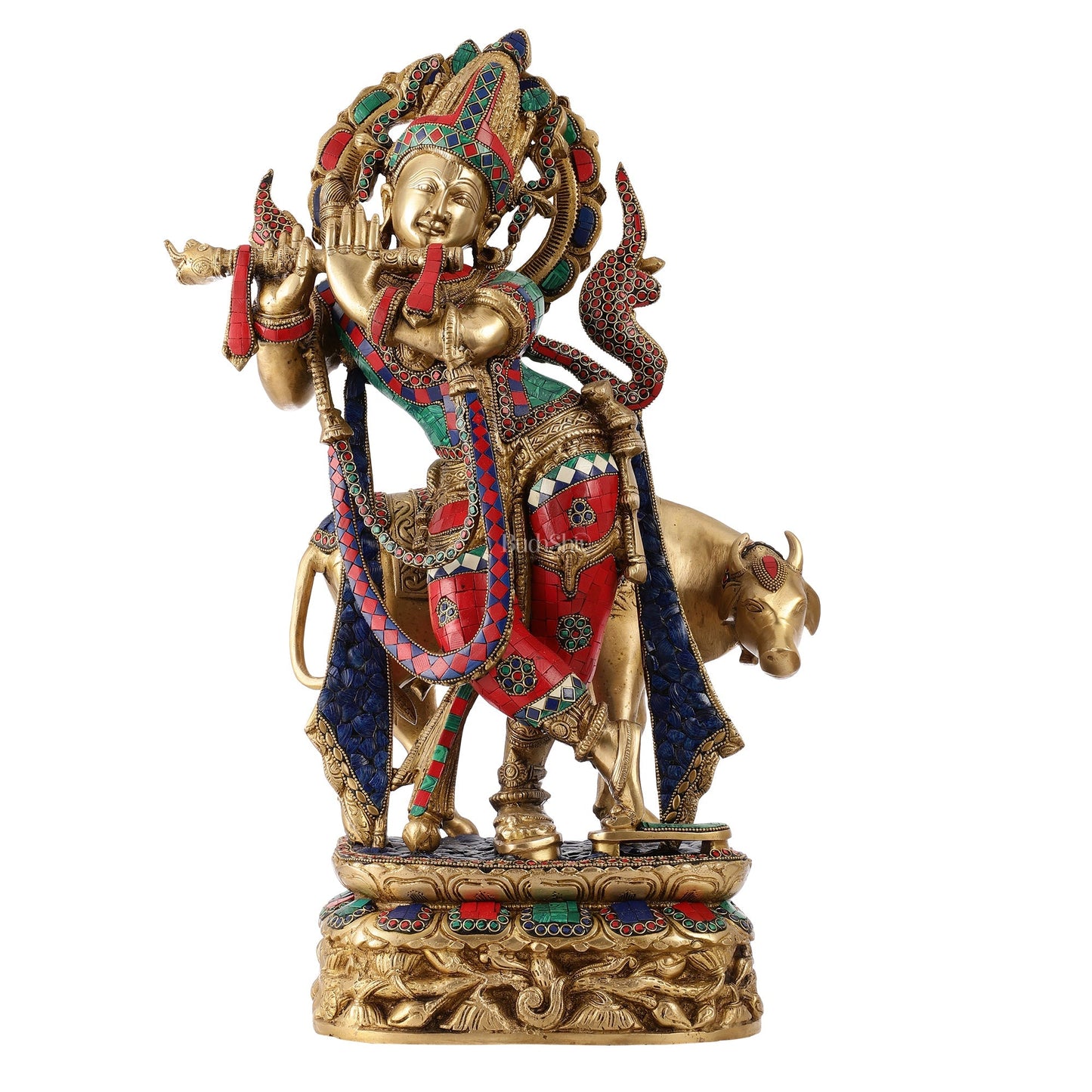 Brass Superfine Krishna with Cow Statue | with stonework | Height 24 Inch