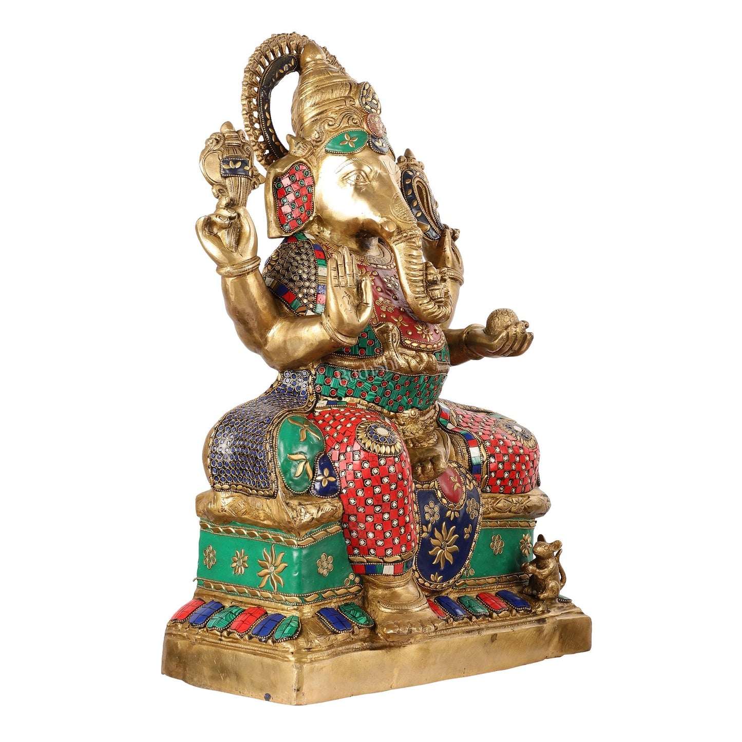 Handcrafted Brass Lord Ganesha Statue with Stonework – 24 Inches Tall