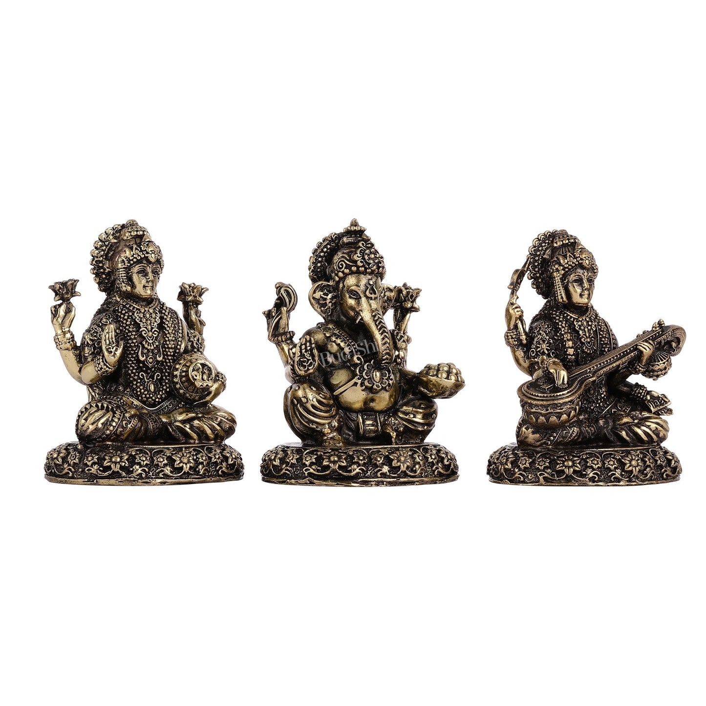 Brass Superfine Lightweight Intricate Ganesh Lakshmi Saraswati Idols - 3"