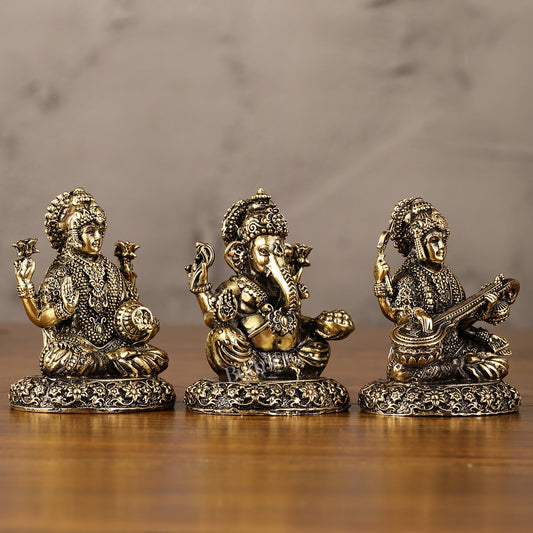 Brass Superfine Lightweight Intricate Ganesh Lakshmi Saraswati Idols - 3"