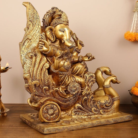 Brass Superfine Lord Ganesha Idol on Swan Chariot - 21.5 Inches