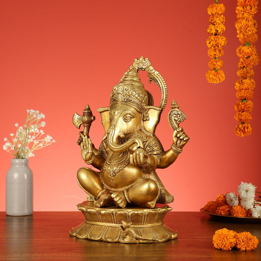 Brass Superfine Lord Ganesha Statue on Lotus Base - 15 Inch