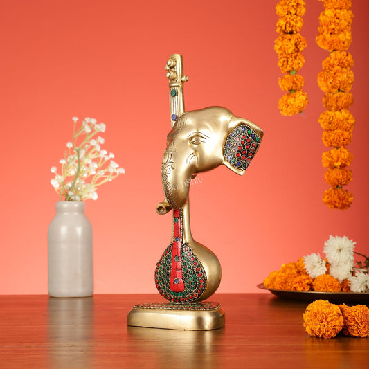 Brass Superfine Lord Ganesha with Sitar/Veena Table Accent Showpiece - 12 Inch