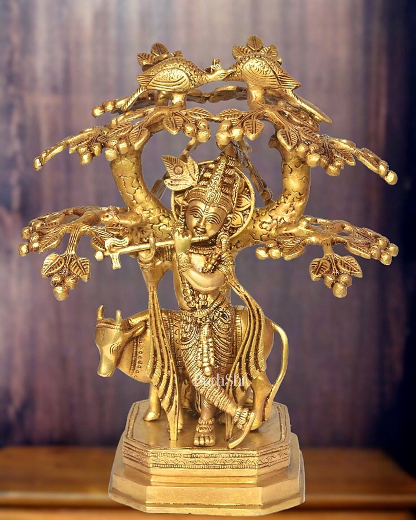 Brass superfine Lord Krishna with cow and tree idol 13 inch