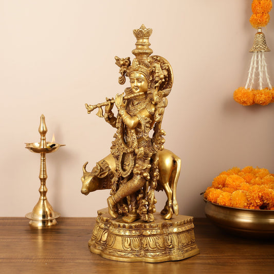 Brass Superfine Lord Krishna with Cow Idol - 22 Inch