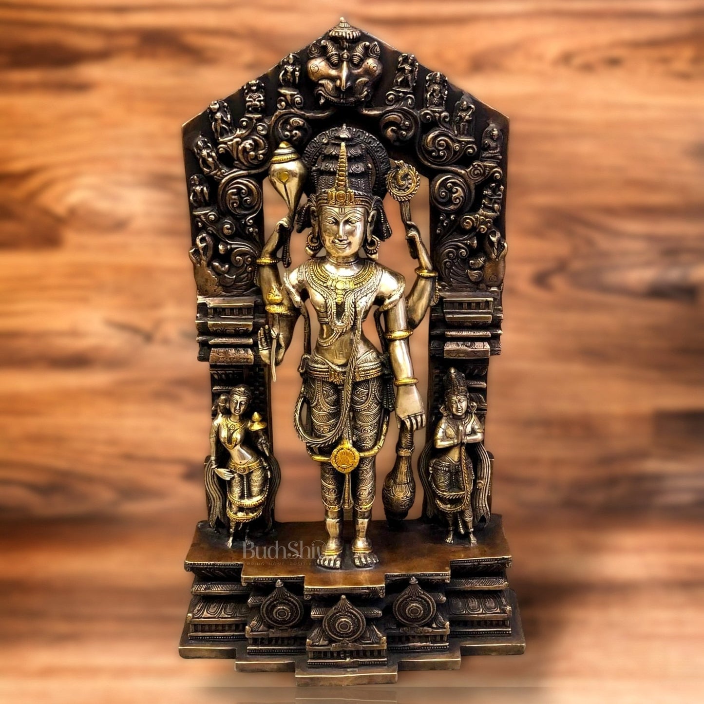 Brass Superfine Lord Vishnu Statue with Frame and Bhudevi Sridevi - 29 Inch