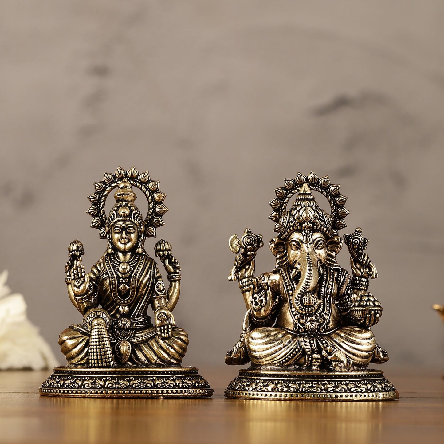 Brass Superfine Miniature Ganesha Lakshmi Duo Lightweight Idols - 3.5" |