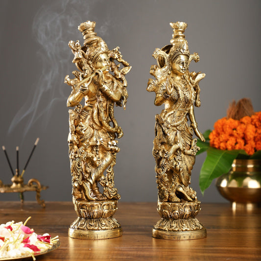 Brass Superfine Radha Krishna Statues - Finely Carved with Sharp Features 14 inch